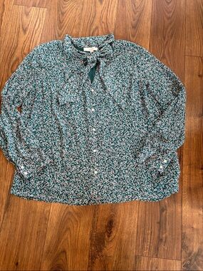 LOFT Teal Floral Tie-Neck Blouse